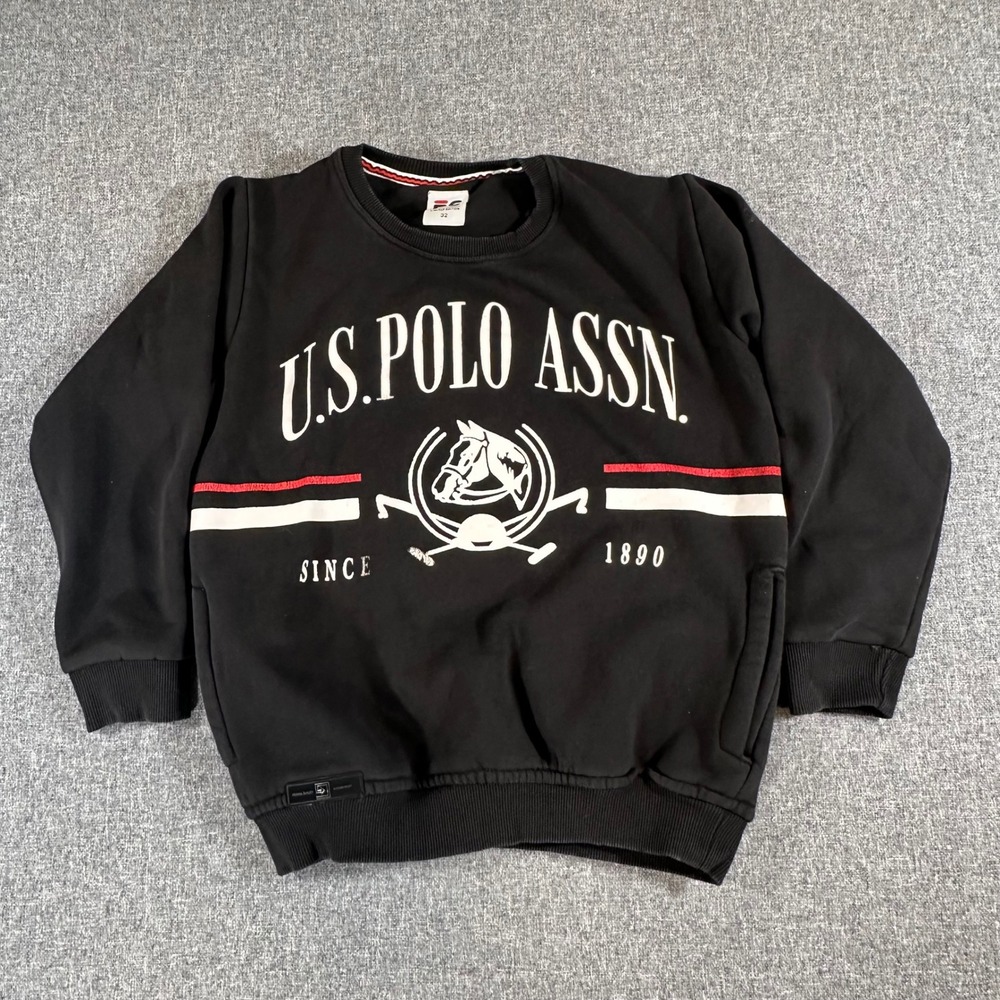 US Polo Assn Crewneck Sweatshirt Black Graphic Logo Pullover Mens Size 32 Y2K